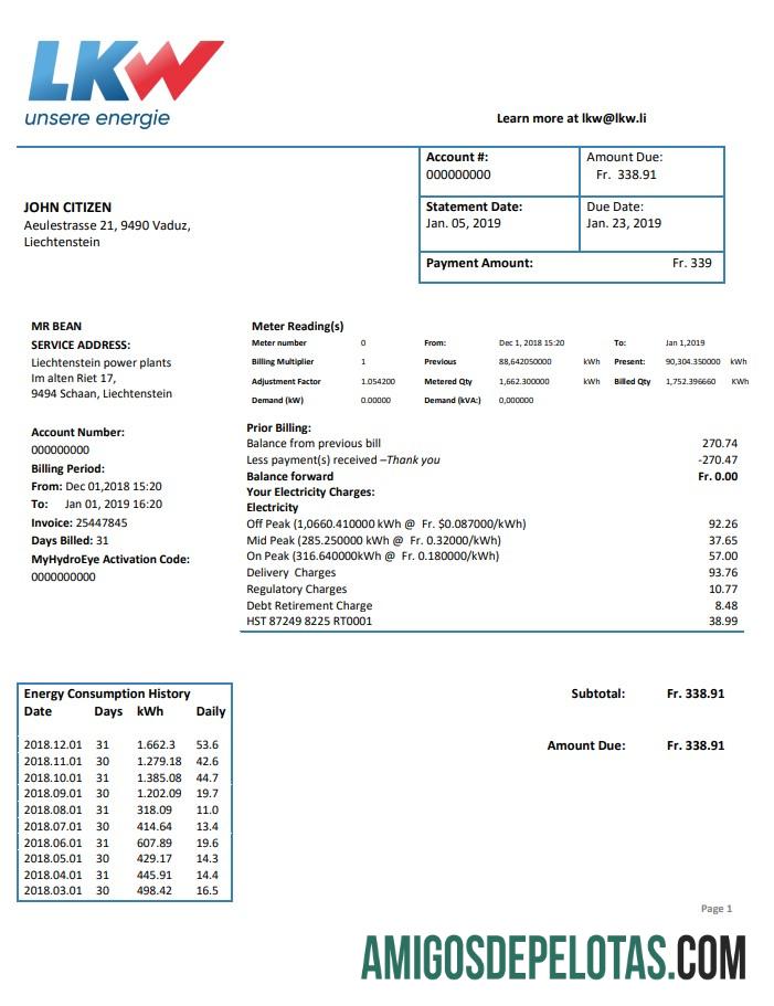 imprimível Modelo de conta de serviços públicos de eletricidade de Liechtenstein Ische Kraftwerke (LKW) em formato Word e PDF